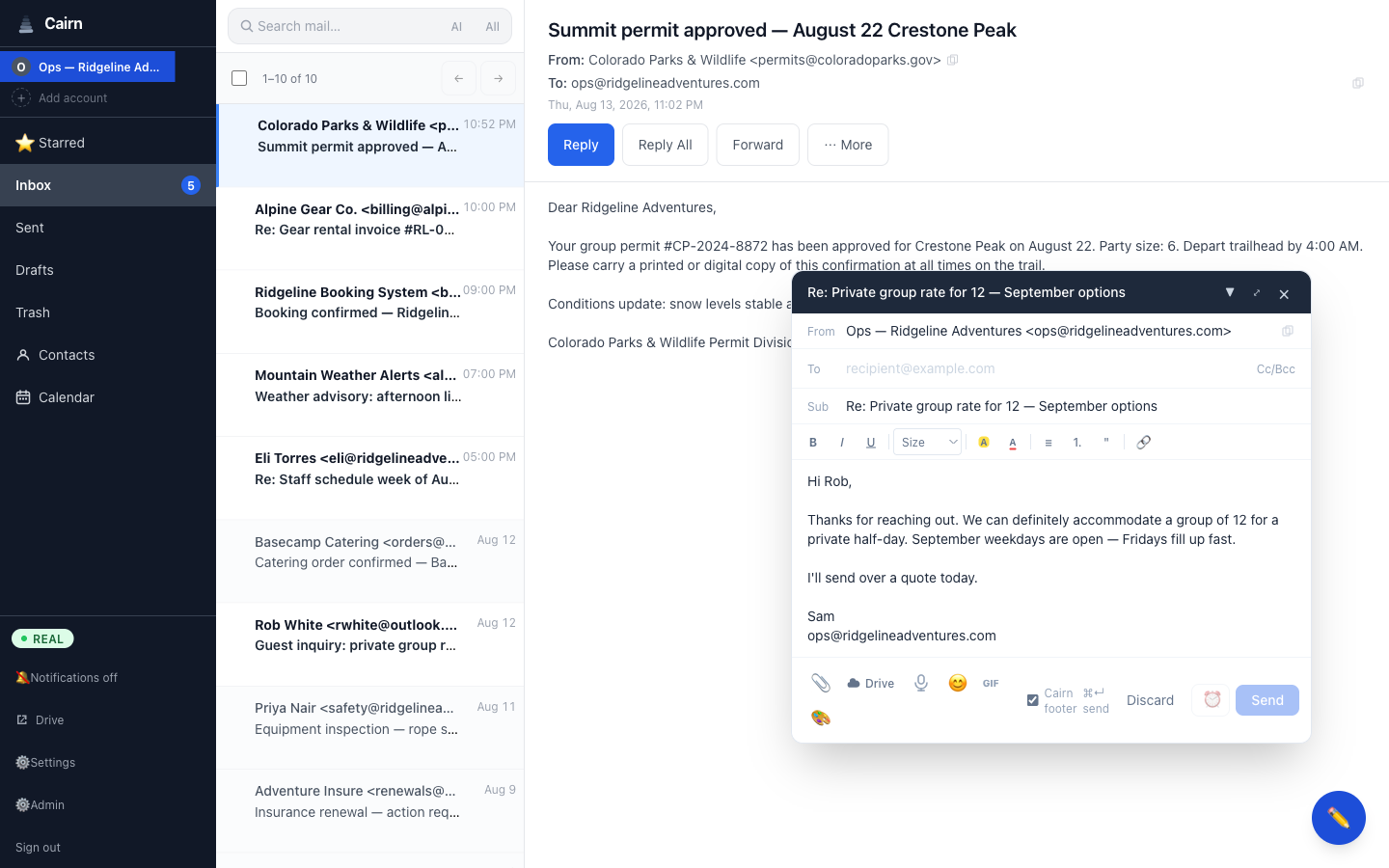 Cairn compose window with fictional business email draft open