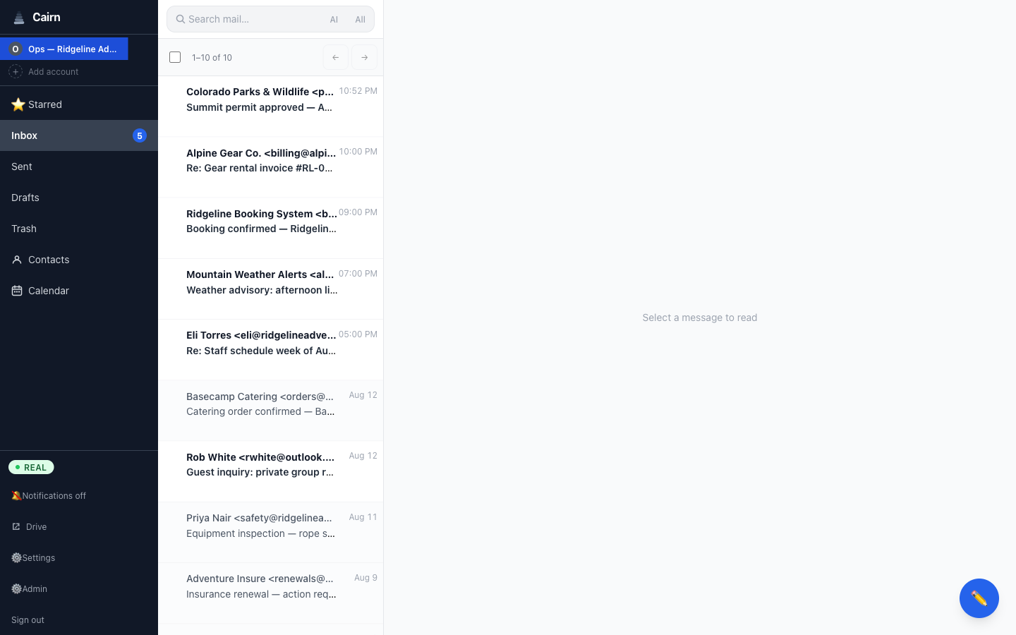 Cairn webmail inbox showing business emails from suppliers, staff, and guests