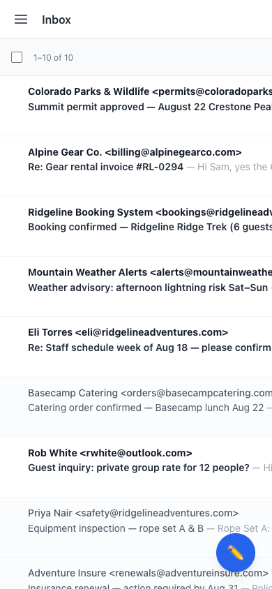 Cairn inbox on mobile viewport showing message list