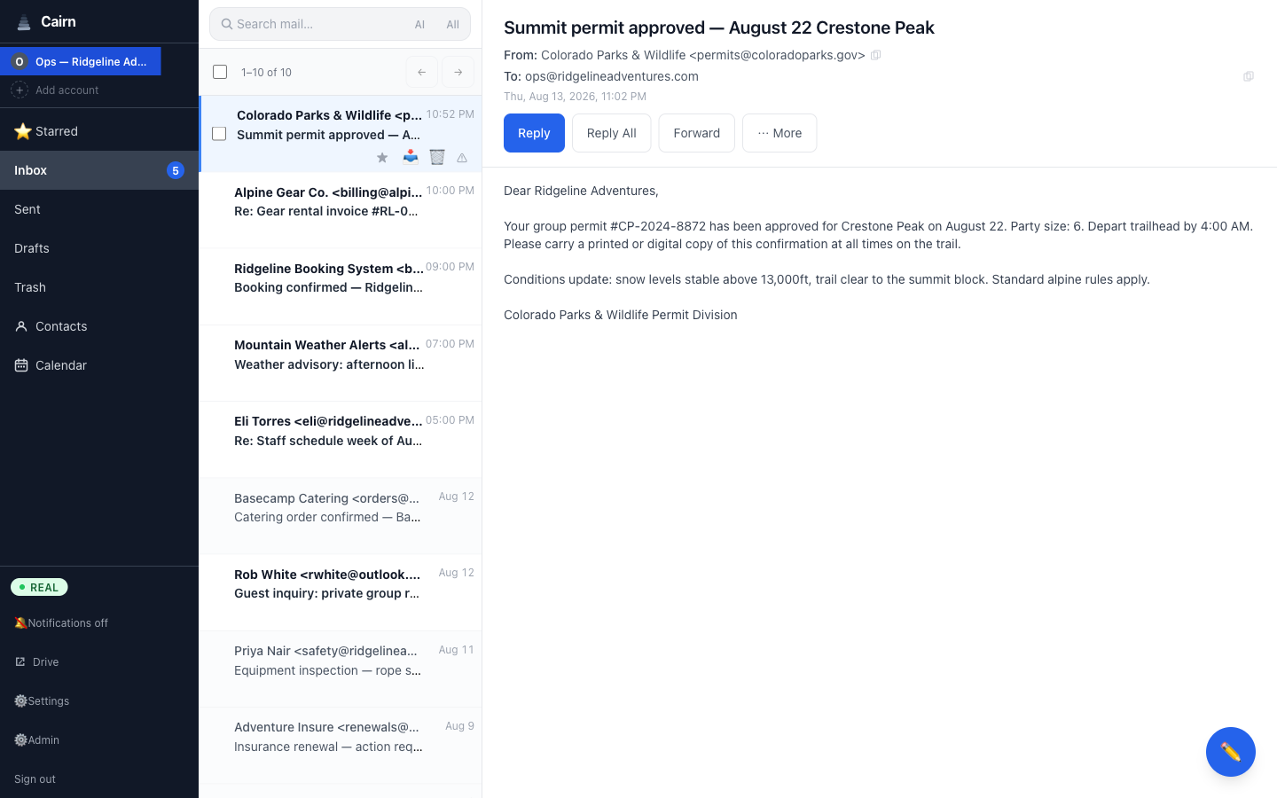 Cairn open email thread showing permit approval correspondence