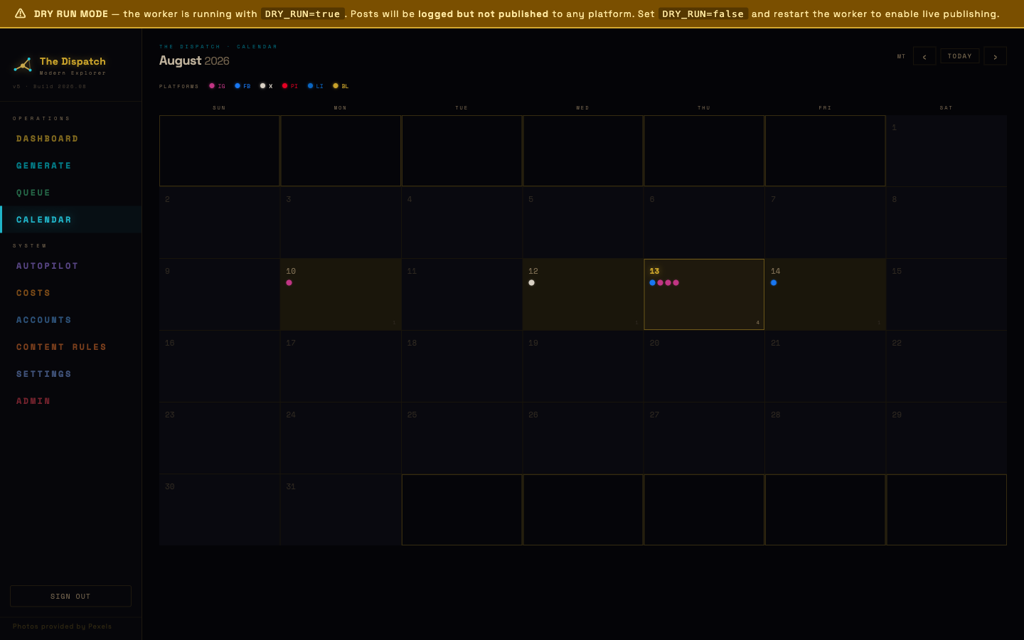 Dispatch calendar showing posts scheduled across platforms for the month