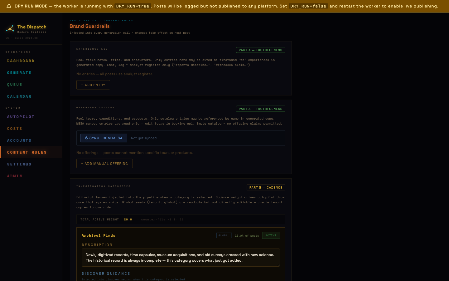 Dispatch content-rules screen showing the verification layer — experience log, offerings catalog, and claim flagging