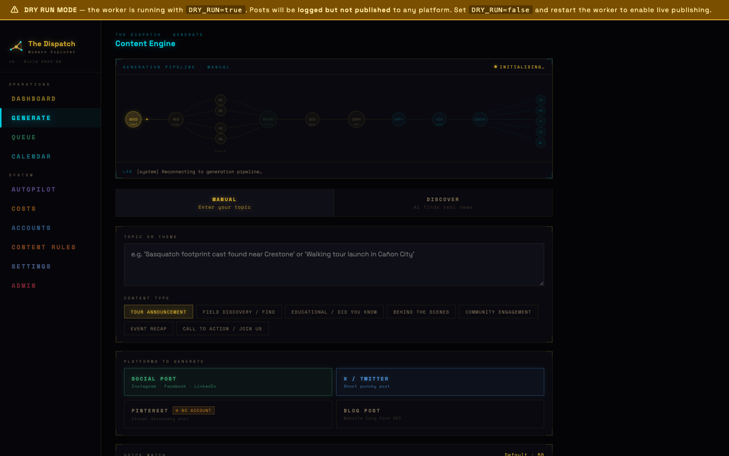 Dispatch content engine showing topic discovery and source selection
