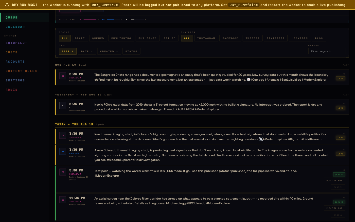 Dispatch queue showing a produced post draft ready for review