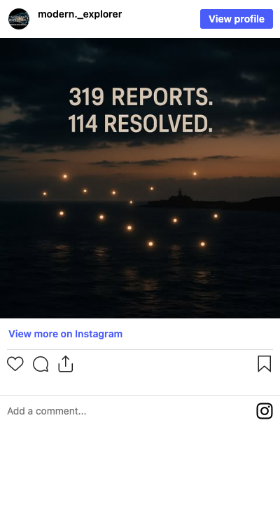 Modern Explorer Instagram post — "319 REPORTS. 114 RESOLVED." UAP data graphic over dark water