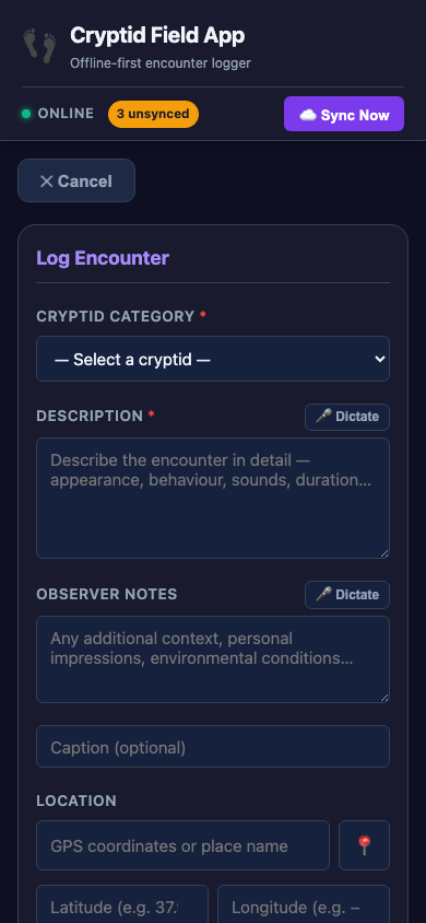 Cryptid Field App capture form — category, description, notes, location fields