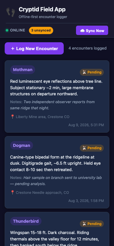 Cryptid Field App encounter list showing field captures with sync status badges
