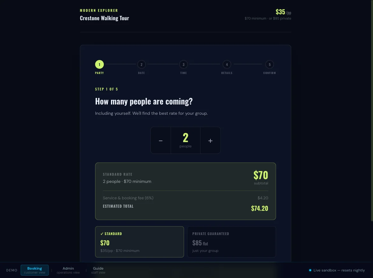 Guest-facing tour listing with available dates and capacity
