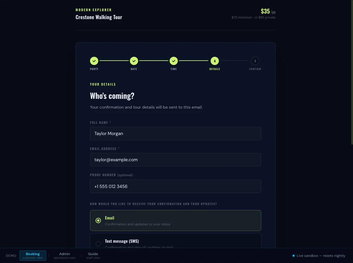 Date and time selection with live availability display