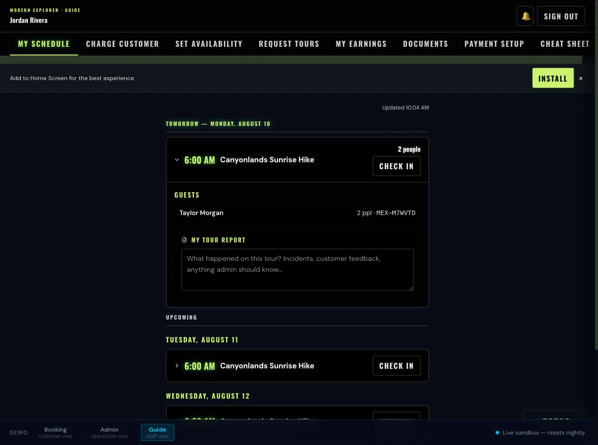 Trip briefing screen with route details, guest list, and notes
