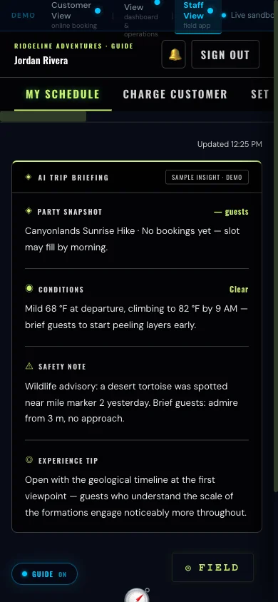 Guide-facing dashboard showing today's tour roster and assignments